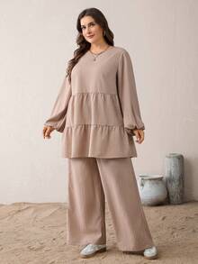 SHEIN Essnce Plus-Size Women's Spring/Summer Fashion Casual Loose Comfortable Everyday Textured Fabric Long-Sleeved Babydoll Shirt And Wide-Leg Pants Khaki Two Pieces Set,Spring Outfits,Pants Set Co Ords Sets Women Comfortable Two Piece Set Modest Two Piece Set Blouse And Pants Set Spring Casual Outfit Women Spring Set For Women - Khaki - View 1