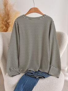 CosyJoli 大码女式休闲T恤，条纹上衣，纽扣上衣，女士外出服，女士休闲装，金属纽扣上衣，条纹长袖棉质上衣，女士可爱长袖上衣，春季必备 - 灰色 - 查看 2