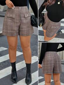 Elenzga Plus Size Women's Checkered A-Line Zipper Shorts, Elastic Waist High Tolerance, Commuting Fashion Versatile For Spring/Summer - Multicolor - View 1