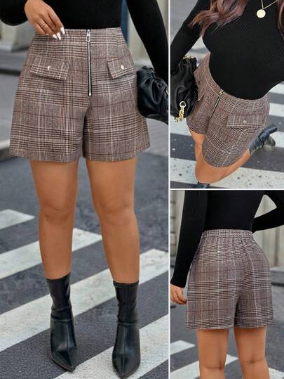 Elenzga Plus Size Women's Checkered A-Line Zipper Shorts, Elastic Waist High Tolerance, Commuting Fashion Versatile For Spring/Summer