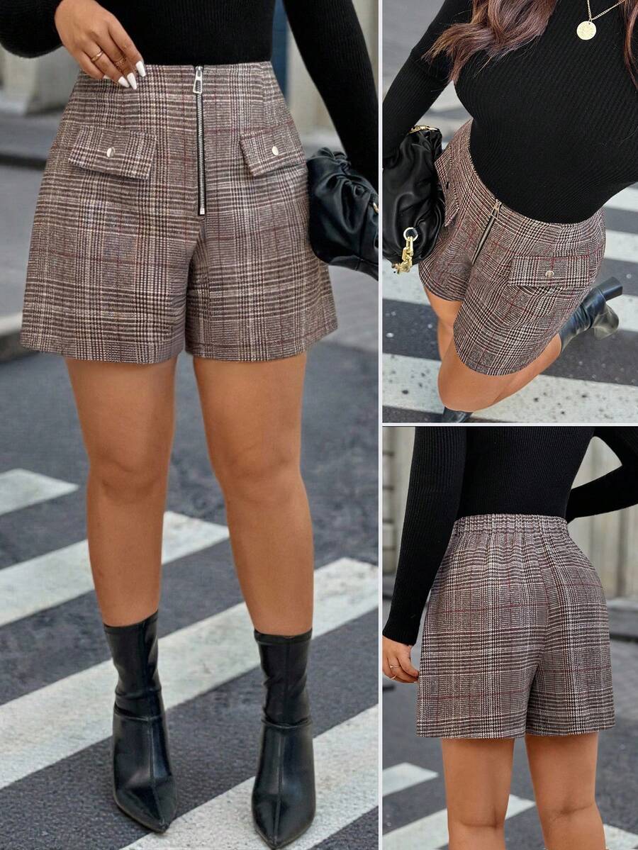Elenzga Plus Size Women's Checkered A-Line Zipper Shorts, Elastic Waist High Tolerance, Commuting Fashion Versatile For Spring/Summer - Multicolor - View 1