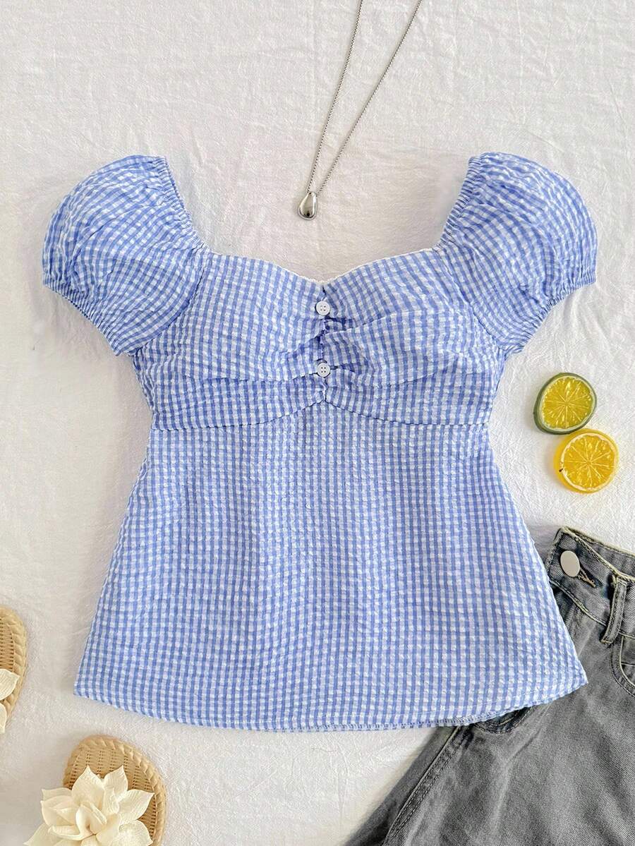 SHEIN Teen Girl Plaid Casual Versatile Vacation Puff Sleeve Shirt - Blue - View 1