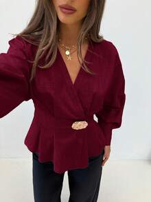 Siren Gaze Women's Metal Buckle V-Neck Long Sleeve Cinched Waist Shirt, New Autumn/Winter Design Spring Valentine's Day Elegant Red Burgundy Blouse Lantern Sleeve Blouse - Burgundy - View 7