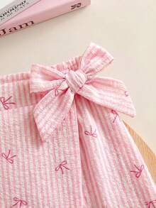 Tween Girl Casual Vacation U-Neck Ribbed Tie-Up Curved Hem Solid Knit Elastic Sleeveless Top And Striped Wrap Skirt Shorts Set - Multicolor - View 4