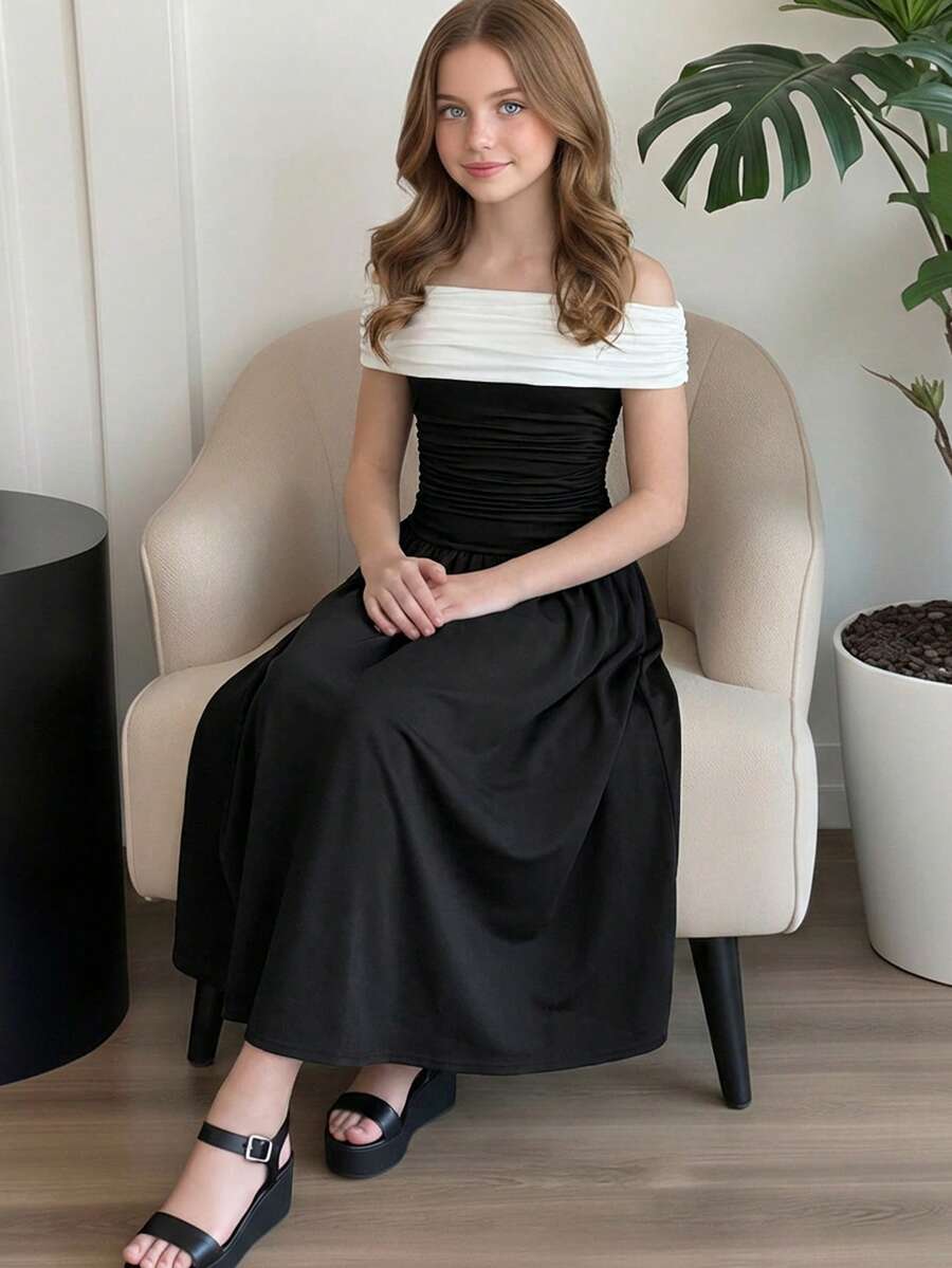 Serisse Kids Váy chữ A trễ vai màu đen trắng thanh lịch cho bé gái tuổi teen, Váy đen cho bé gái tuổi teen Váy đen trễ vai cho bé gái tuổi teen Váy trễ vai cho bé gái tuổi teen - Đen và trắng - Xem 1