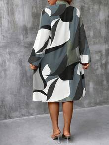 大码女式V领撞色休闲宽松度假灯笼袖连衣裙 - 灰色 - 查看 2