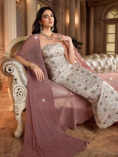 Al Najma Women's Shiny Mesh Robe And Geometric Print Bandeau Dress Set Party Wear Dresses For Women Evening Dress For Women Luxury Dress For Women Strapless Dress