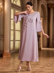Al Najma Women's Elegant Arabic Style Dress With 3D Floral Decor And Side Slit, 3/4 Sleeve Formal Elegant Party Uxury Evening Dresses Wedding Party Dress - Coral Pink - View 4