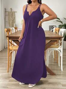 SHEIN Tall 优雅通勤及晚间休闲无袖V领宽松长连衣裙，面料舒适，百搭，黑色，大码，高挑款 - 紫色 - 查看 3