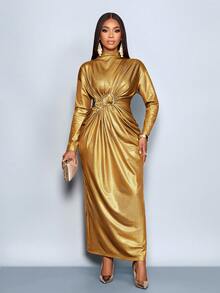 SOLERSUN Váy dự tiệc thu/đông cho nữ, vải dệt kim bóng, kim sa vàng, cổ cao, cổ đứng, tay áo trễ vai, tay dài, nút kim loại, trang trí, xếp nếp, khóa kéo sau, viền rộng, váy maxi - Vàng - Xem 7