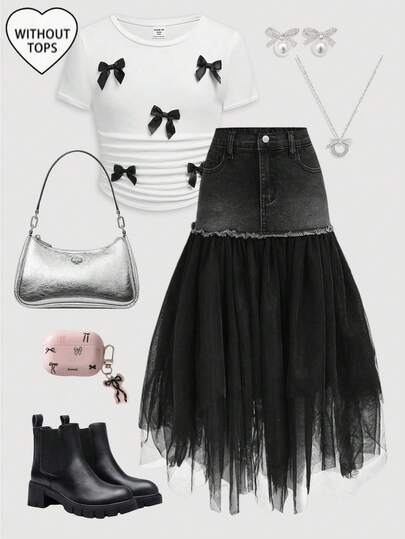 Girlism Tween Girl Plain Simple Daily Denim & Mesh Contrast A-Line Skirt, Thanksgiving, Cute Skirt, Rave Festivals, Brunch Women, , Fall Skirts, Date Night Skirts, Halloween Denim Skirt, Fall Winter Back To School Homecoming Jeans Skirt, For New Year, Casual Elegant