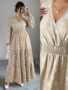 Elenzga 大码女式法式休闲优雅V领刺绣花卉印花长袖连衣裙，秋冬款 - 杏色 - 查看 5