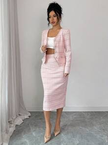 Elenzga Elegant Commuter Chic Elastic Tweed Silver Thread Texture Suit, Pearl Button Cardigan V-Neck T-Shirt Slim Fit + Elastic Waist A-Line Skirt, Women 2-Piece Set, Autumn/Winter - Multicolor - View 6