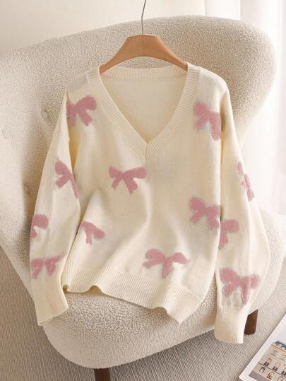 CosyJoli Plus Size Pink Bow Pattern V-Neck Long Sleeve Sweater In Fall/Winter