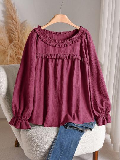 CosyJoli Plus Size Casual Ruffle Collar A-Line Smock Blouse Lantern Sleeve Blouse