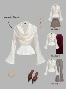 SHEIN MOD 大码女式纯色垂褶领喇叭袖荷叶边下摆时尚衬衫，象牙色缎面衬衫，垂褶高领长喇叭袖，荷叶边腰身，柔和光泽，纯色优雅简约廓形，光滑面料，修身剪裁，轻盈舒适。 - 杏色 - 查看 9