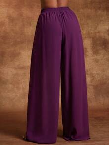 Vixey Plum Chiffon Drawstring Waist Wide Leg Pants With Half Lining