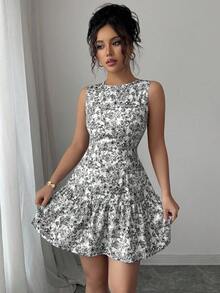 Vestido elegante de cuello redondo con estampado bohemio para mujer,Diseño ajustado a la cintura con detalles de volantes,Vestidos de mujer, vestidos estampados de mujer - Negro - Ver 4