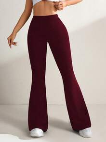 Easithlete 女士纯色修身高腰喇叭裤舒适透气瑜伽裤 - 酒紅色 - 查看 5