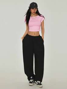 SHEIN PETITE Women's Sexy Baby Pink Plain Crop Tee With Backless Design And Cap Sleeves Round Neck - Baby Pink - View 3