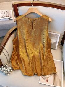 GlowEve CURVE 大码女式宽松圆领奢华金属光泽休闲背心，适合日常夏季穿着和假日派对穿着。 - 橘色 - 查看 2