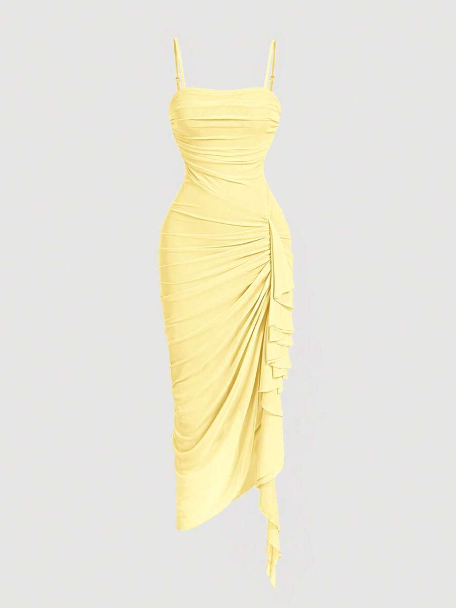 SHEIN MOD Vestido de mujer de unicolor con volantes fruncidos en el bajo, vestido con bajo asimétrico, vestido de tirantes finos - Amarillo claro - Ver 1