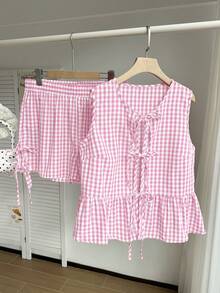 Comfortcana 浅粉色格子系带三蝴蝶结上衣短裤两件套，加大码，夏季 - 淺粉色 - 查看 4