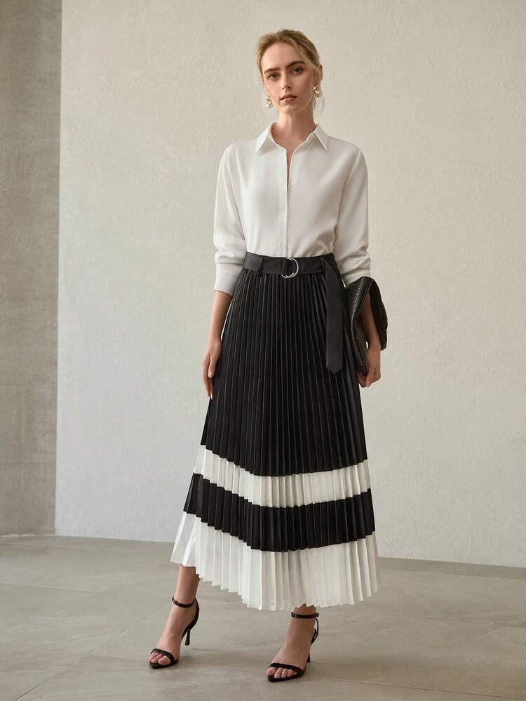 TWO TONE COLORBLOCK PLEATED SKIRT WITH RING BELTED