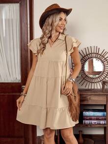 LanaWest Women's Casual Western Style Khaki Crinkle Fabric Shirt Dress, Collared, Double Ruffle Sleeve, Loose A-Line Short Dress, Spring/Summer - Khaki - View 4