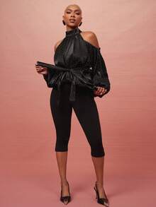 Vixey Rhinestone Embellished Organza Cold Shoulder Balloon Sleeve & Hem Scarf Top - Black - View 3