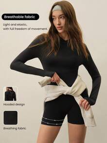 With My Calm Women's Solid Color Hooded Long Sleeve Top And Leggings Sports Chic Autumn Set,Glowmode Active Wear Set,Black Modest Gym Workout Compression Shirt - Black - View 3