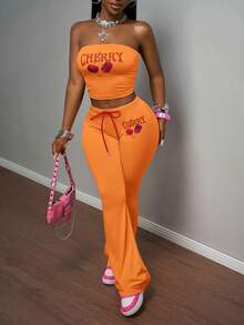 Slaydiva 2025春夏新款波西米亚音乐节乡村风复活节休闲日常海滩度假派对街头性感甜美可爱Y2K粉色弹力针织面料红色樱桃水果英文字母图案复古美式图案无袖紧身抹胸上衣搭配粉色弹力腰红色绳结樱桃印花紧身喇叭裤女两件套 - 橘色 - 查看 6