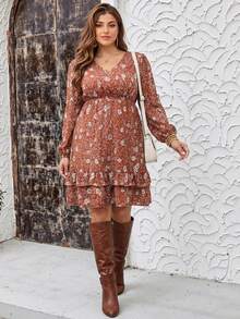 SHEIN LUNE Große Größen V-Ausschnitt Blume Muster Boho-Stil Langarm Kleid, perfekt für Thanksgiving, Silvester und Feiertage - Verschiedenfarbig - Übersicht 1