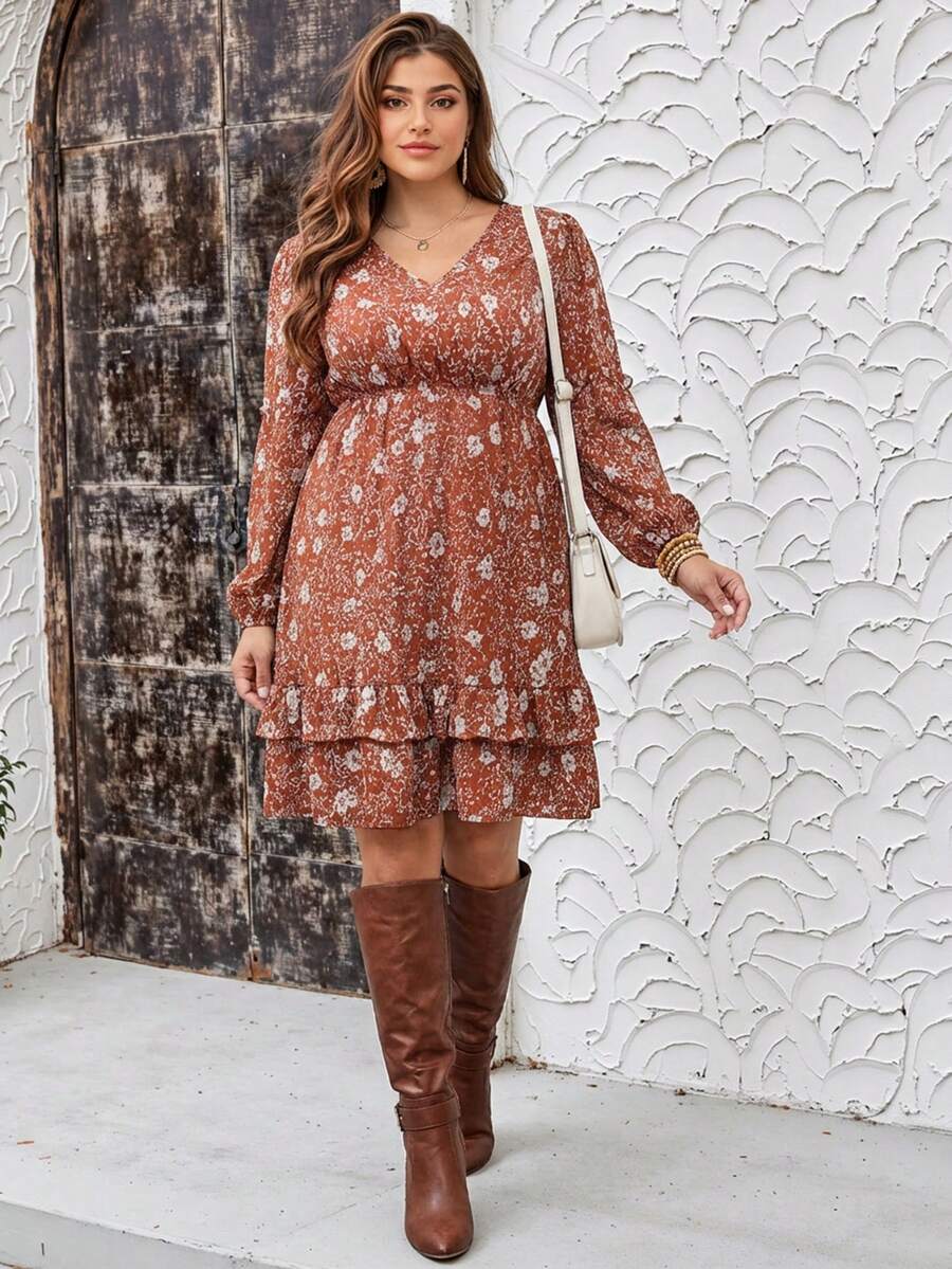 SHEIN LUNE Große Größen V-Ausschnitt Blume Muster Boho-Stil Langarm Kleid, perfekt für Thanksgiving, Silvester und Feiertage - Verschiedenfarbig - Übersicht 1