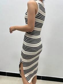 EMERY ROSE 女士夏季條紋無袖毛衣裙，修身款休閒圓領