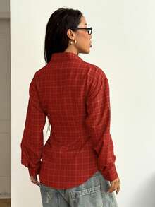 StreetHx Camicia oversize a maniche lunghe in stile retrò anni 2000 Y2K, con lacci in vita, a quadri marroni, comoda, adatta per l'autunno/inverno - Rosso - Visualizzare 2