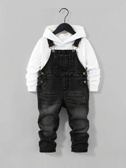 SHEIN 男童做旧复古水洗毛边直筒蓝色牛仔背带裤，适合男童室内/室外秋冬季穿着