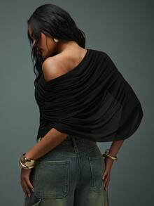 Hauture Fall Boho Sexy Casual Asymmetrical One Shoulder Ruched Drape Top - Black - View 2