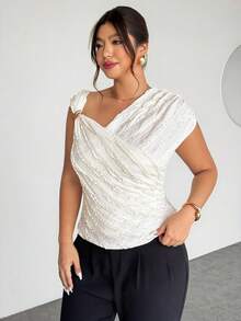 SHEIN Privé Plus Size Women Solid Color Frill Trim Asymmetric Neck Fashion T-Shirt White Elegant Top Draped Top Textured White Top Sleeveless Top - Beige - View 2