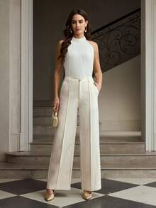 ZEYLAH Quần tây nữ màu trơn thanh lịch kiểu dáng que tăm, có túi. - Màu be - Xem 6