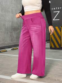 EMERY ROSE Jeans de pierna ancha de novio de punto elástico de talla grande - Rosa Fucsia - Ver 4