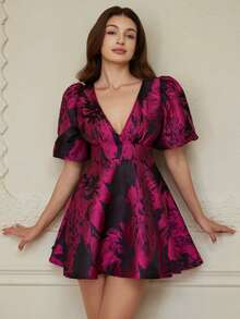 Aveloria Rosie Jacquard Weave Sexy Deep V Puff Sleeve A-Line Mini Dress - Multicolor - View 3