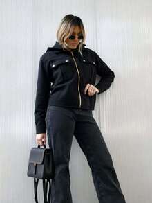 Chaqueta para Mujer con Gorra Integrada, Bolsillos de Trabajo y Cierre Zipper, Estilo Casual - Gris Oscuro - Ver 3