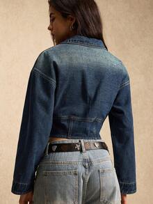 Easelle 女士纯色复古落肩长袖修身拉链牛仔上衣 - 深色水洗藍 - 查看 2