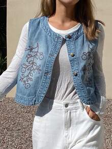 DAZY Women's Round Neck Cropped Floral Embroidered Sleeveless Open Front Casual Vacation Denim Top - Medium Wash - View 1