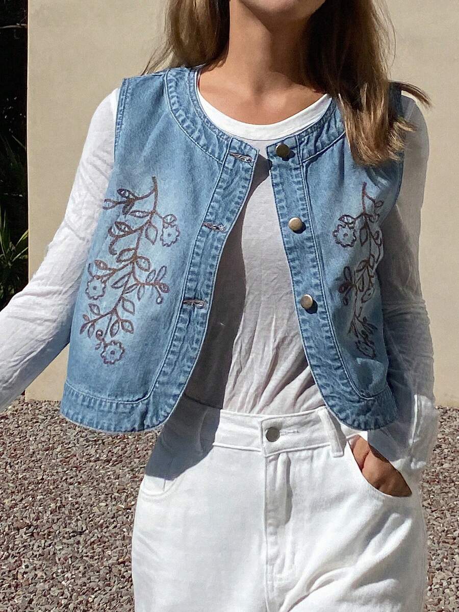 DAZY Women's Round Neck Cropped Floral Embroidered Sleeveless Open Front Casual Vacation Denim Top - Medium Wash - View 1