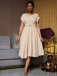 Lyxana Elegant Women's Dress With Round Neck, Pleated Puff Sleeves, Waist Belt, And A-Line Silhouette, Suitable For Commuting - Khaki - View 6