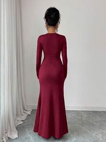Elenzga 女士优雅通勤纯色裹身开衩连衣裙 - 酒紅色 - 查看 2
