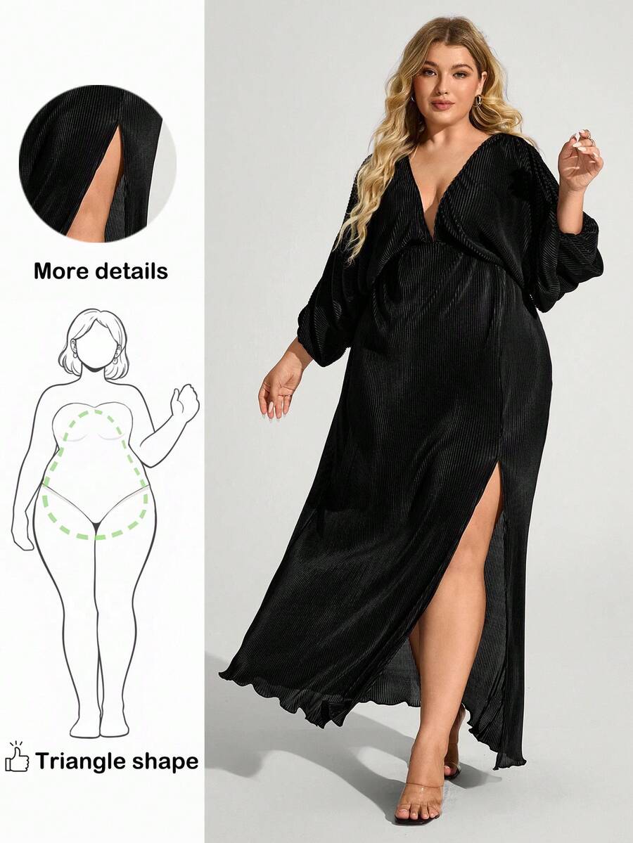 Truni Fall Clothes For Women,WinterPlus Size Elegant Sexy Solid Color High Slit Dress - Black - View 1