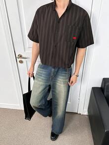 ESTAVOR Men's Fashionable Casual Striped Button-Down Short Sleeve Shirt - Brown - View 1